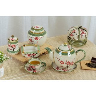 Ấm chén hoa đào men trắng