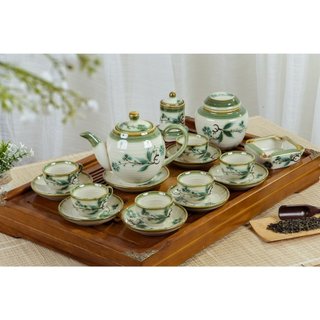 Ấm chén hoa đào men trắng