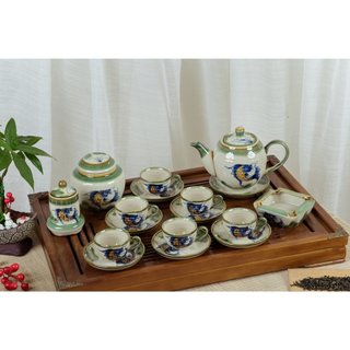Ấm chén hoa đào men trắng