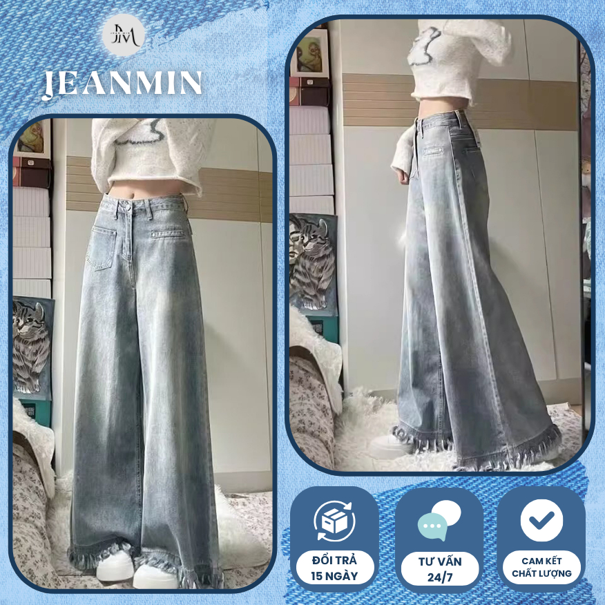 Quần jean ống siêu rộng cạp cao gấu tua rua chất vải mềm mịn, quần bò nữa cạp cao chuẩn hách dáng dễ phối đồ