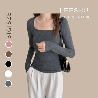 Áo thun cổ vuông Bigsize tay dài form ôm body Leeshu, chất liệu thun tăm cotton cao cấp mềm mại co giãn