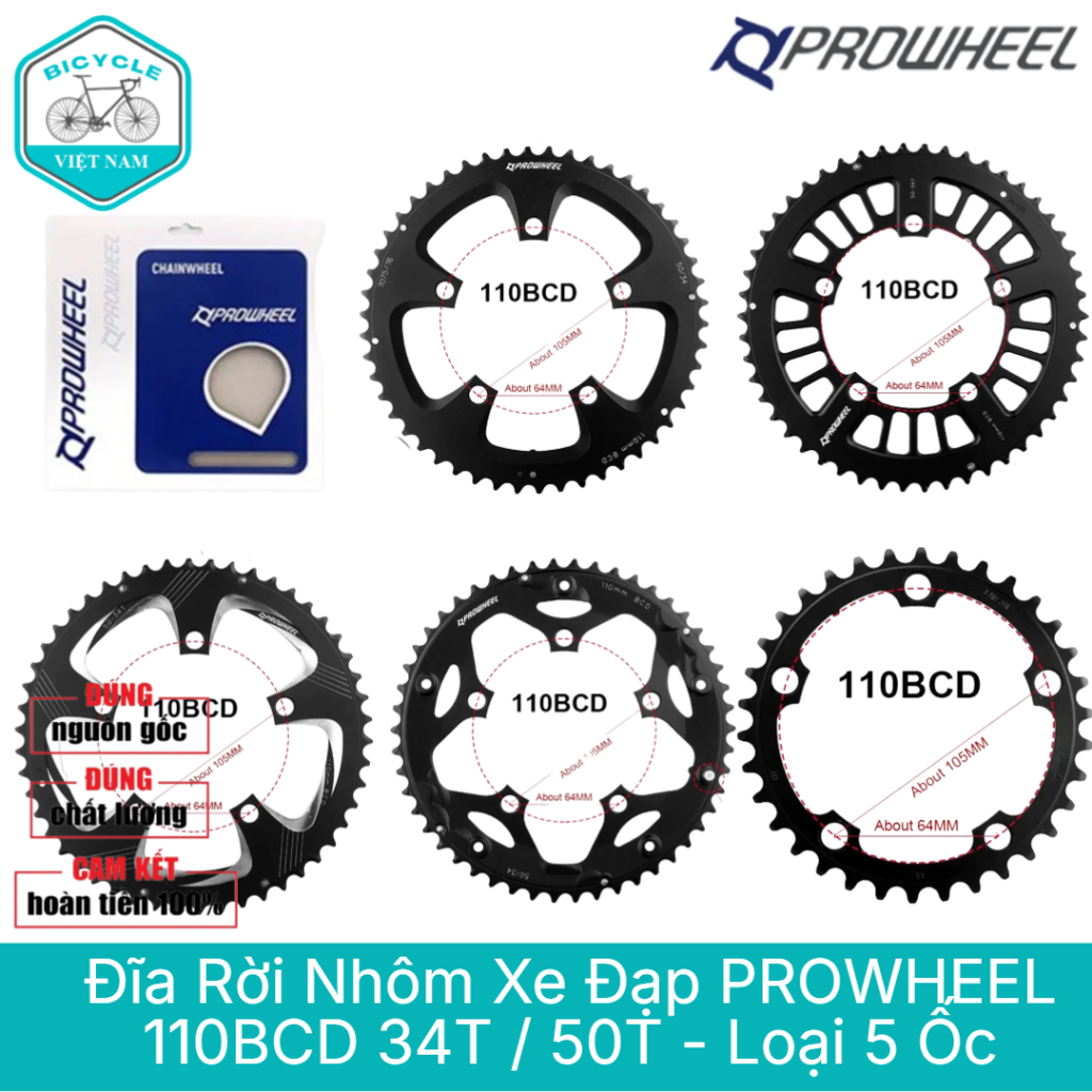 Đĩa Rời Nhôm Xe Đạp PROWHEEL 110BCD 34T / 50T (Loại 5 Ốc) – Nhẹ, Bền, Chuẩn Xích Truyền Động