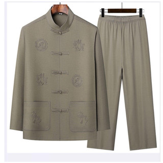 Quần áo nam trung niên , Bộ đồ cổ tàu thêu họa tiết đối xứng chất liệu thô đũi nhẹ mát món quà ý nghĩa tặng ông và bố
