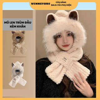 Mũ len nữ lông cừu kèm khăn quàng cổ, nón len mùa đông giữ ấm tai mèo đáng yêu phong cách Hàn Quốc