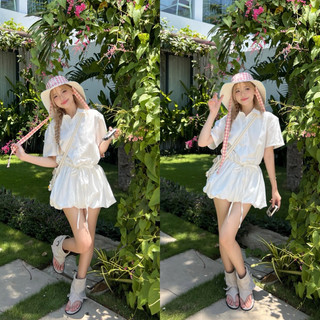 ( Chuẩn Loại 1 Trắng Và Hồng ) Jumpsuit Áo Sơ Mi Trắng Tùng Bí Siêu Bồng Tay Ngắn Mùa Hè Basic