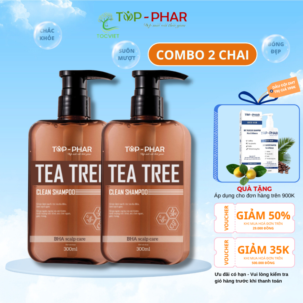  Combo 2 chai dầu gội kích thích mọc tóc Tea Tree tinh chất tràm trà có BHA giúp giảm rụng trị nấm TocViet 