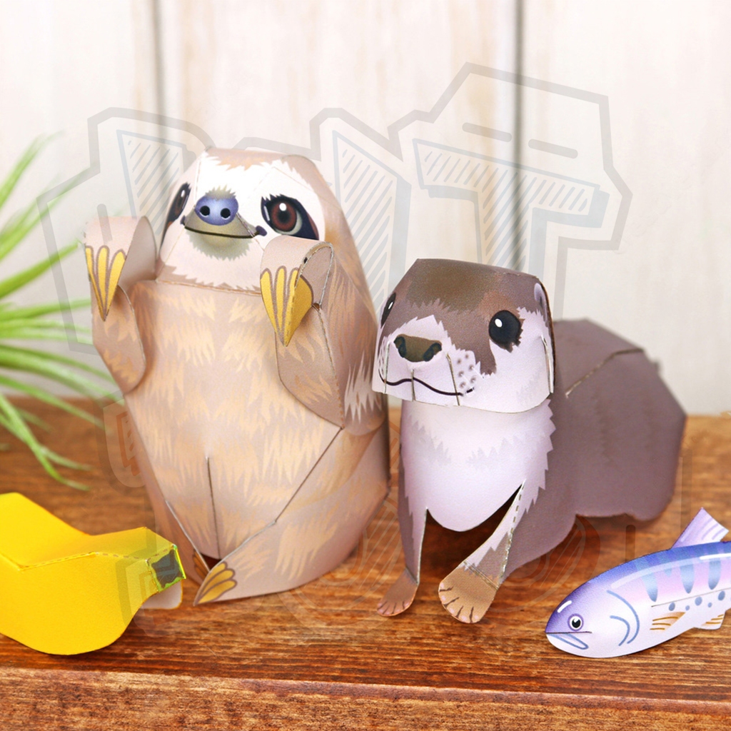 Mô hình giấy động vật Con Lười & Rái Cá mini