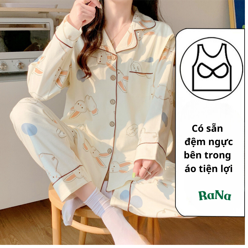 Bộ ngủ pyjama dài tay Rana có chỗ cho con bú và đệm ngực quần có dây rút điều chỉnh có thể mặc suốt thai kỳ và sau sinh