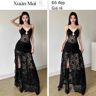 Đầm 2 dây chất ren cúp ngực xẻ tà viền bèo đi biển đi chơi đi chụp ảnh xuanmaishop12