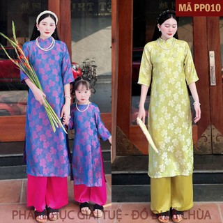 (PP10)_Bộ Áo Dài Tiểu Mẫn Hoa Set Cho Mẹ Và Bé, Chất Liệu Áo Lụa Tằm Tô Châu, Quần Lụa Vân Dày Đanh Mướt