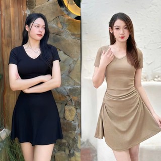 080 Đầm Nữ Cổ V Tay Ngắn Dúm Eo Kèm Quần Short Nỉ Tăm Siêu Xinh