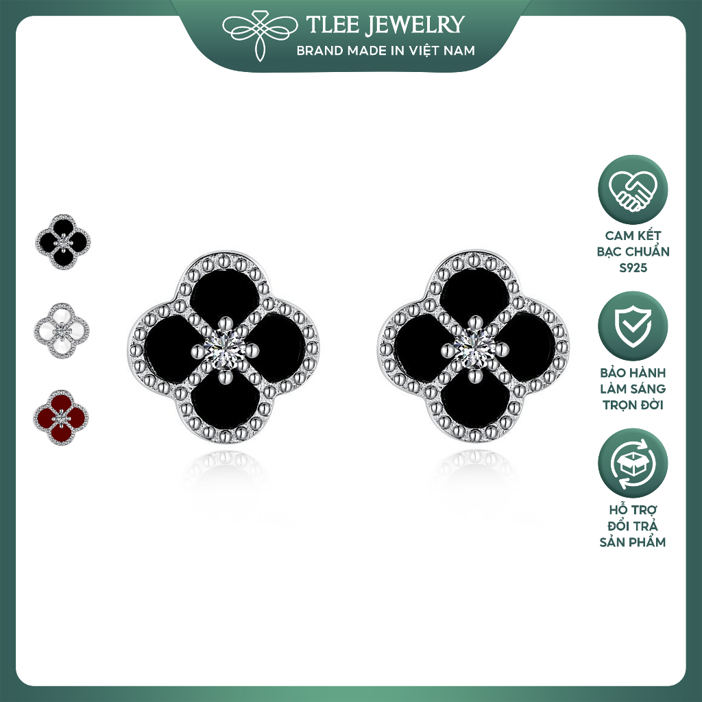 Khuyên tai bạc nữ TLEE hoa bốn lá gắn đá mã não tự nhiên nhiều màu sắc TLEEJEWELRY B0517