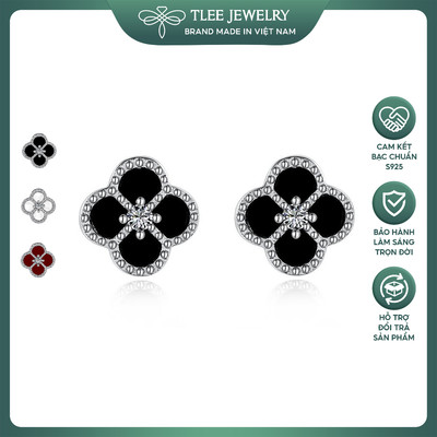 Khuyên tai bạc nữ TLEE hoa bốn lá gắn đá mã não tự nhiên nhiều màu sắc TLEEJEWELRY B0517