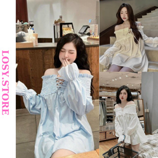 Sét Áo Sơ Mi Trễ Vai Tay Bồng Chun Vai Dây Nơ Kèm Quần Rời From Dấu Quần Bánh Bèo LOSY.STORE LOSY.STORE