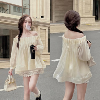 [S2.947] Set Bộ Áo Tơ Dập Ly Trễ Vai Dài Tay Tiểu Thư Mix Chân Váy Phối Viền Ren Hàng 2 Lớp (quần cạp chun, có lót quần)
