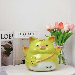 Ống Tiết Kiệm Heo Đất Hoạt Hình Heo Đeo Túi Thỏ Dễ Thương - Xưởng Lợn Đất XLD30