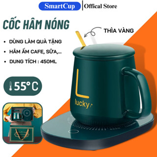 Cốc Hâm Nóng Kèm Đế Giữ Nhiệt Hâm Nóng Đồ Uống Thông Minh Kèm Thìa Sang Trọng Lucky Bộ ly sứ kèm đế điện hâm nóng