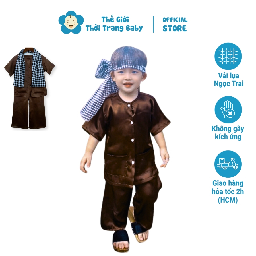 Bộ Đồ Bà Ba Cho Bé Trai Màu Nâu, Áo Ngắn Tay, Quần Dài, Khăn Rằn Nam Bộ, Lụa Mềm Size 10kg-32kg, Mặc Dịp Đặc Biệt BCT08