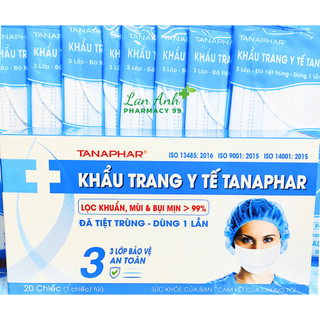 Khẩu trang y tế TANAPHAR 3 lớp hộp 20 chiếc màu trắng ( đã tiệt trùng, có túi đựng riêng)