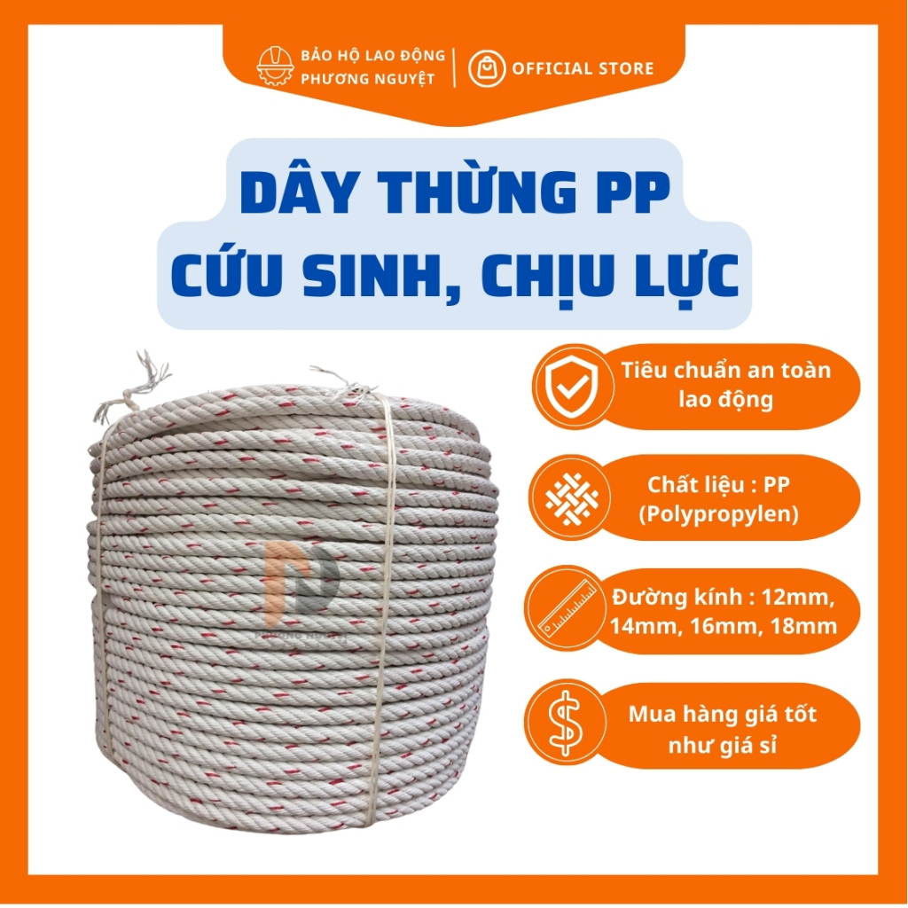 Dây thừng, dây cứu sinh chất liệu PP đường kính D16 chiều dài 50m