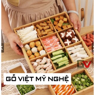 [Khay gỗ Bento - 9 ngăn] Khay gỗ trang trí món ăn trang trí trưng bày món lẩu Hotpot - BBQ cho nhà hàng - Gỗ thông