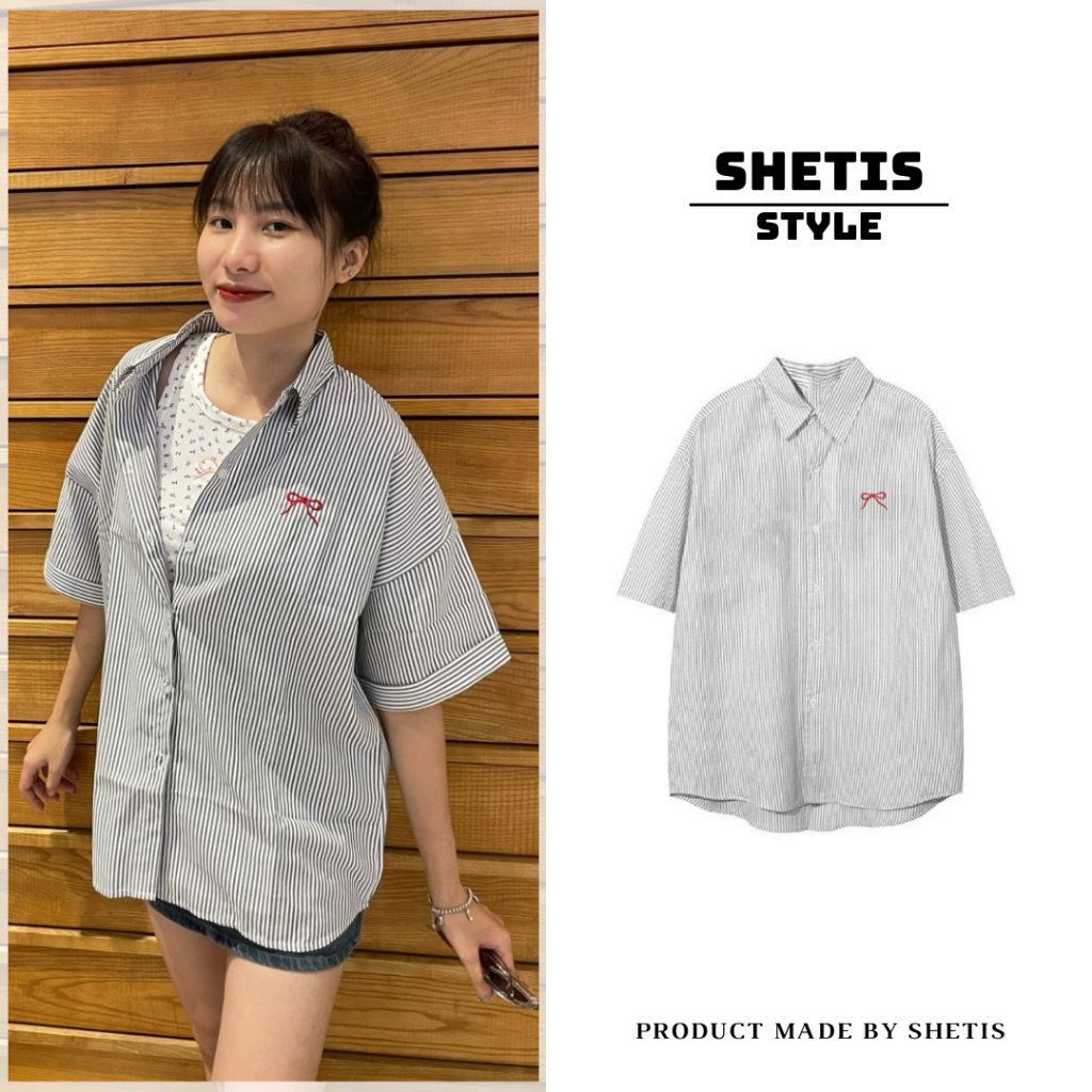 SHETIS_Áo Sơ Mi Cộc Tay Kẻ Sọc Thêu Nơ, Áo Sơ Mi Form Rộng Chất Kate Sọc_A391