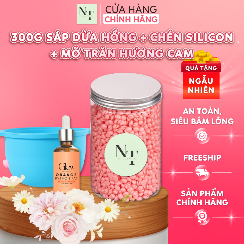 Combo 300Gr Sáp Dừa Hồng NT WAXING + Chén Silicon Nấu Sáp + Mỡ Trăn Hương Cam 10ml Tặng Que
