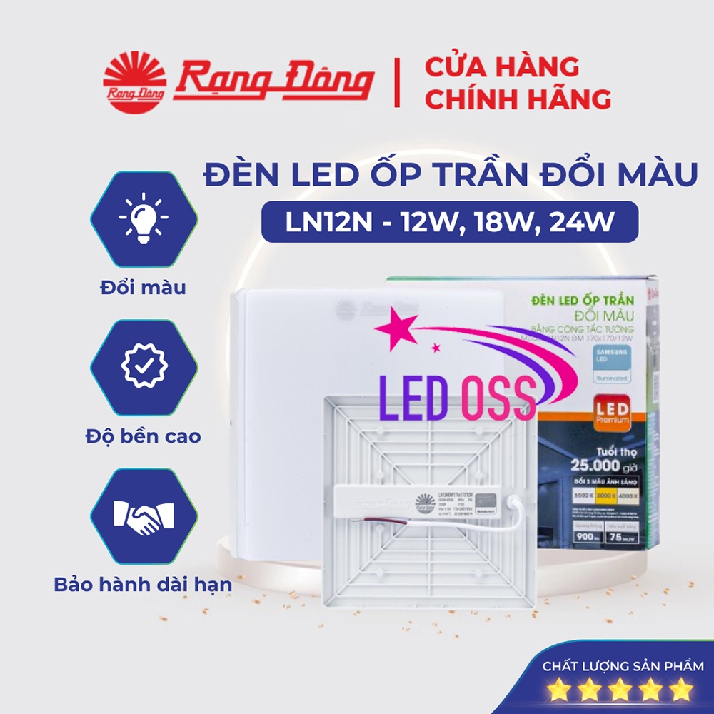 Đèn LED Ốp trần Vuông Đổi màu Rạng Đông 12W,18W,24W Đế Nhựa MODEL LN12N