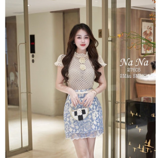Set đồ nữ sang chảnh tiểu thư áo ren kiểu cổ bèo đính hoa 3D tay ngắn phối chân váy dáng A ngắn họa tiết sang trọng LEVA