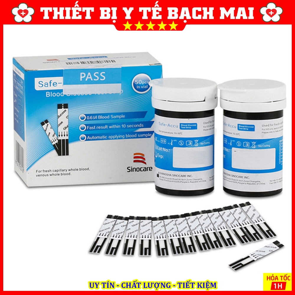 Que Thử Tiểu Đường, Que Thử Đường Huyết Safe - Accu SINOCARE [Hộp 50 Que + 50 Kim]