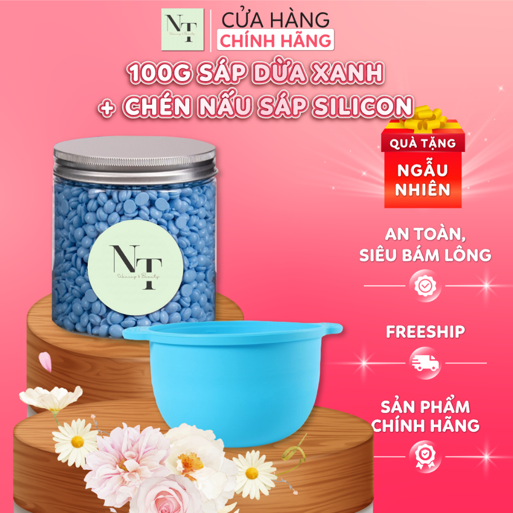 Combo Chén Nấu Sáp Wax Lông Silicone NT WAXING + 100gr Sáp Sữa Dừa xanh Siêu Bám Lông Tặng Que CHE T