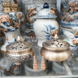 Lư đồng xông trầm đốt trầm - lư đốt trầm hương đồng nguyên khối tặng hồ lô đồng và lót chống cháy