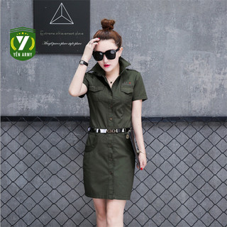 Bộ Váy Nữ Màu Xanh Rêu / Họa Tiết + Tặng Kèm Đai Váy
