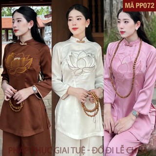 (PP072)_Pháp Phục Đi Lễ Chùa Cho Nữ, Bộ Lụa Họa Tiết Thêu Sen, Chất Liệu Lụa 2 Da, Size S-XL (40-65kg).