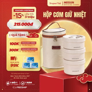 Hộp đựng cơm giữ nhiệt 3 tầng MEGUN, Hộp cơm trưa văn phòng cách nhiệt bằng thép không gỉ 304 siêu bền