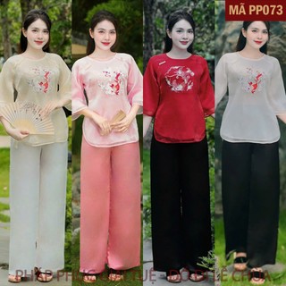 (PP073)_Pháp phục Đi Lễ Chùa Cho Nữ, Mã Voan Xước Thêu Cá, Chất Liệu Lụa Voan Xước, Lót habutai, Quần Lụa Vân, Size S-XL