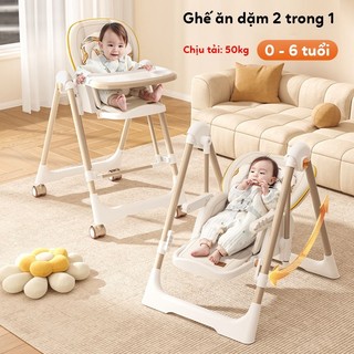 Ghế ăn dặm gấp gọn cho bé da PU khung thép, ghế tập ăn kết hợp nôi nằm xích đu cho bé