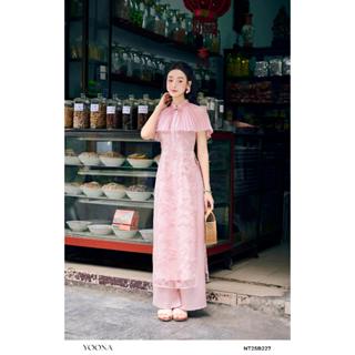 Set bộ áo dài thiết kế cổ yếm kết hợp áo choàng họa tiết ren hoa 3D chất ren cao cấp YOONA - NT25B227