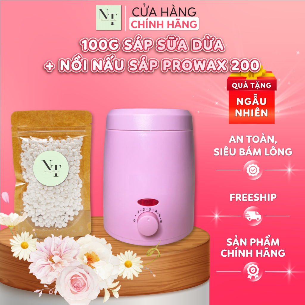 Combo Nồi Nấu Sáp ProWax 200 Chống Dính Mini NT WAXING + 100gr Sáp Wax Sữa Dừa Cao Cấp - 1013