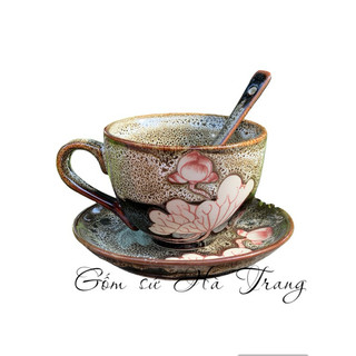 Set cốc đĩa capuchino gốm sứ Bát Tràng cao cấp men hoả biến gấm khắc sen chìm