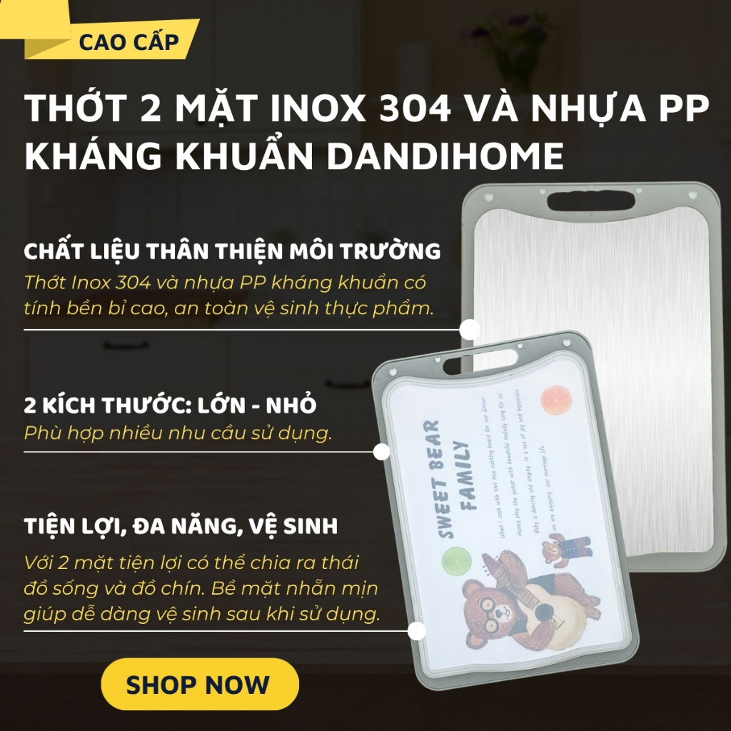 Thớt inox 304 và nhựa kháng khuẩn DandiHome cao cấp hai mặt - Hàng chính hãng