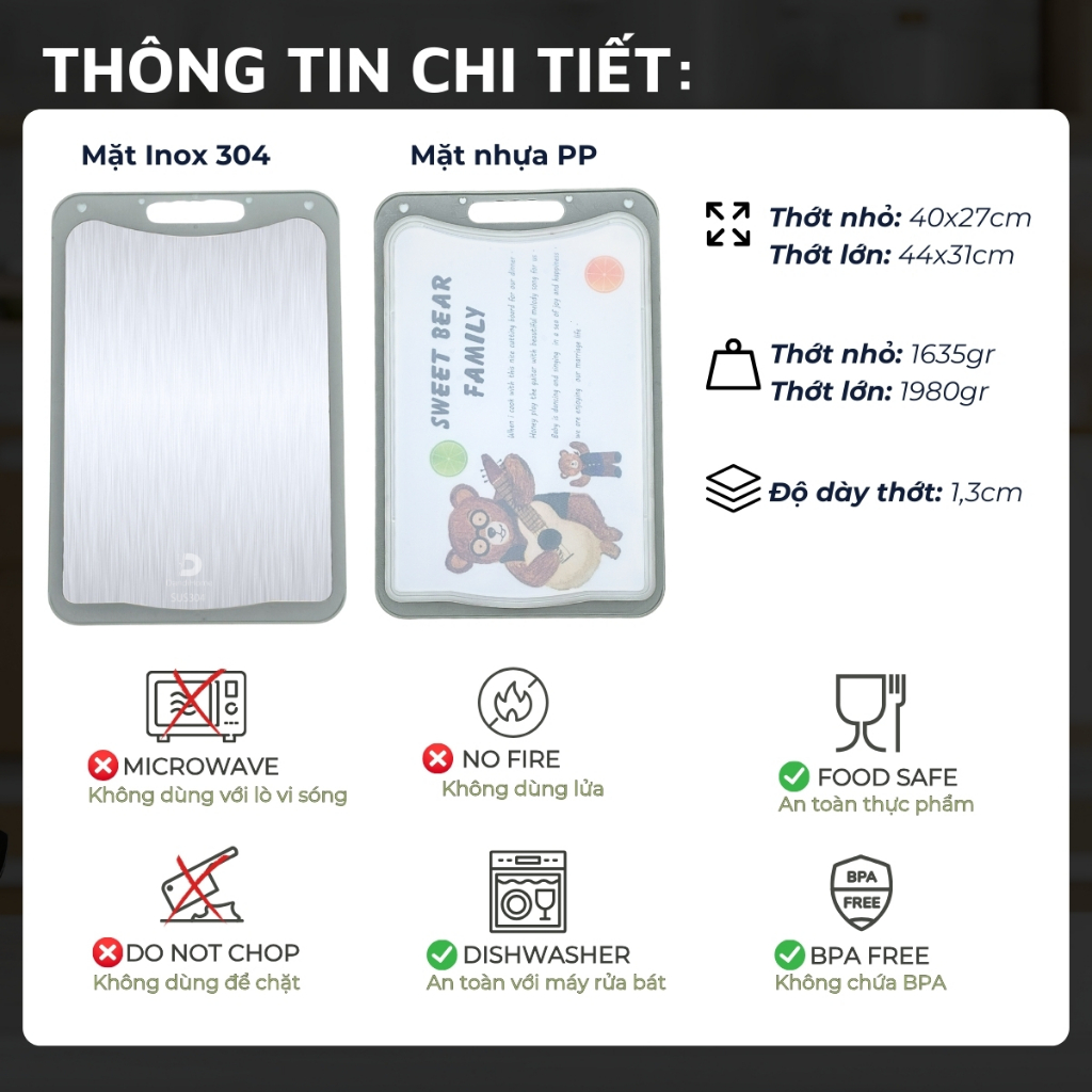 Thớt inox 304 và nhựa kháng khuẩn DandiHome cao cấp hai mặt - Hàng chính hãng