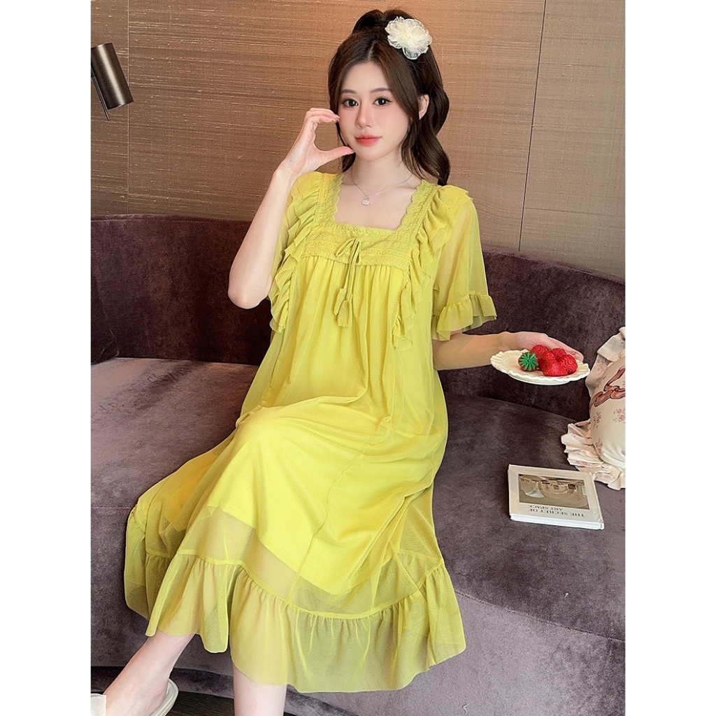 Đầm Ngủ Ngắn Tay Cổ Vuông LICERIA Mã 39 Mặc Ở Nhà Cho Nữ Chất Voan Lưới Phong Cách Cung Điện Có Đệm Ngực. | BigBuy360 - bigbuy360.vn