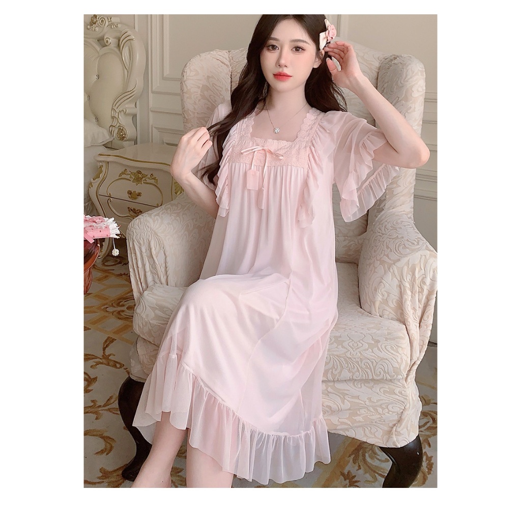 Đầm Ngủ Ngắn Tay Cổ Vuông LICERIA Mã 39 Mặc Ở Nhà Cho Nữ Chất Voan Lưới Phong Cách Cung Điện Có Đệm Ngực. | BigBuy360 - bigbuy360.vn