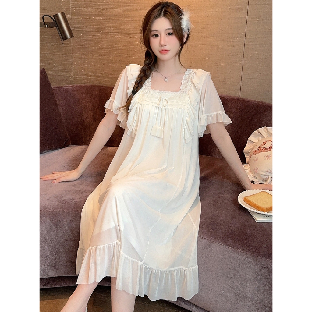Đầm Ngủ Ngắn Tay Cổ Vuông LICERIA Mã 39 Mặc Ở Nhà Cho Nữ Chất Voan Lưới Phong Cách Cung Điện Có Đệm Ngực. | BigBuy360 - bigbuy360.vn