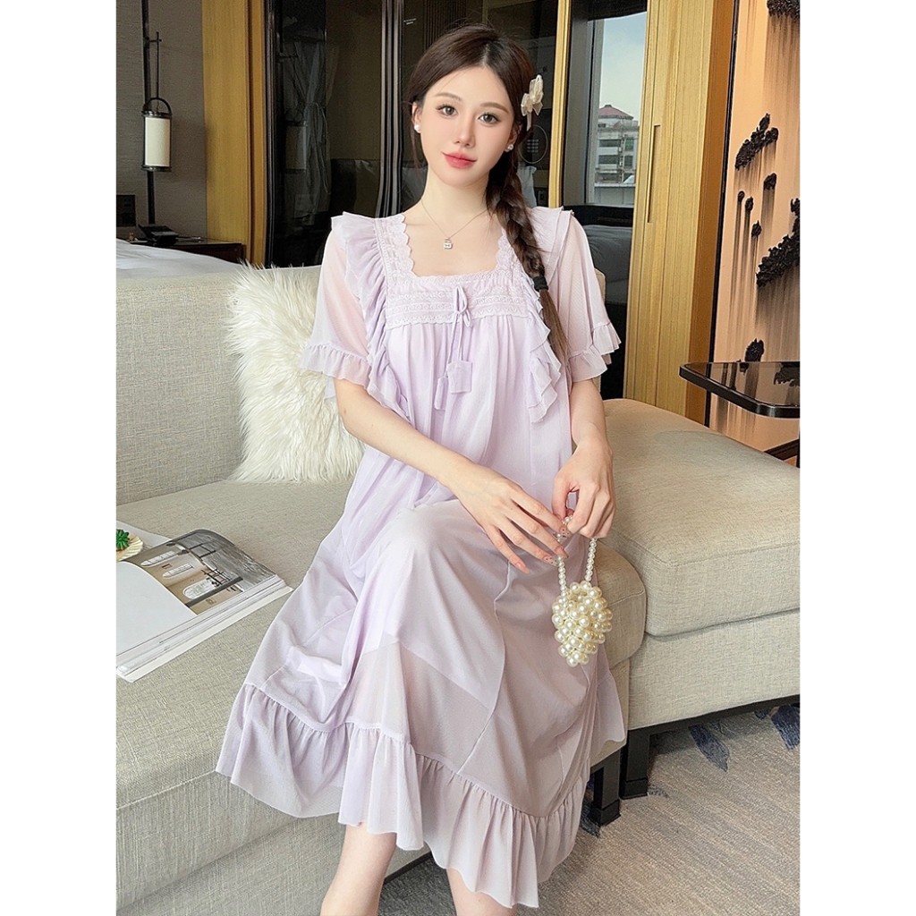 Đầm Ngủ Ngắn Tay Cổ Vuông LICERIA Mã 39 Mặc Ở Nhà Cho Nữ Chất Voan Lưới Phong Cách Cung Điện Có Đệm Ngực. | BigBuy360 - bigbuy360.vn