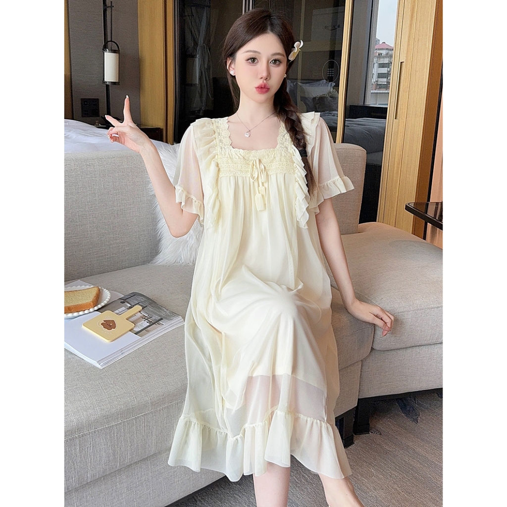 Đầm Ngủ Ngắn Tay Cổ Vuông LICERIA Mã 39 Mặc Ở Nhà Cho Nữ Chất Voan Lưới Phong Cách Cung Điện Có Đệm Ngực. | BigBuy360 - bigbuy360.vn