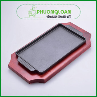 Chảo gang nướng chữ nhật đế gỗ dùng bò né nướng thịt