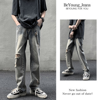 Quần jean nam ống suông baggy quần bò rộng rách gối ngắn Xẻ Gấu Khóa Kéo Phong Cách phong cách  kiểu Mỹ đường phố jean