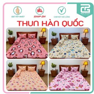 Bộ ga giường, Drap nệm Thun Lạnh Hàn Quốc 4 món họa tiết Hoạt hình (1 ga bọc + 2 vỏ gối nằm + 1 vỏ gối ôm)